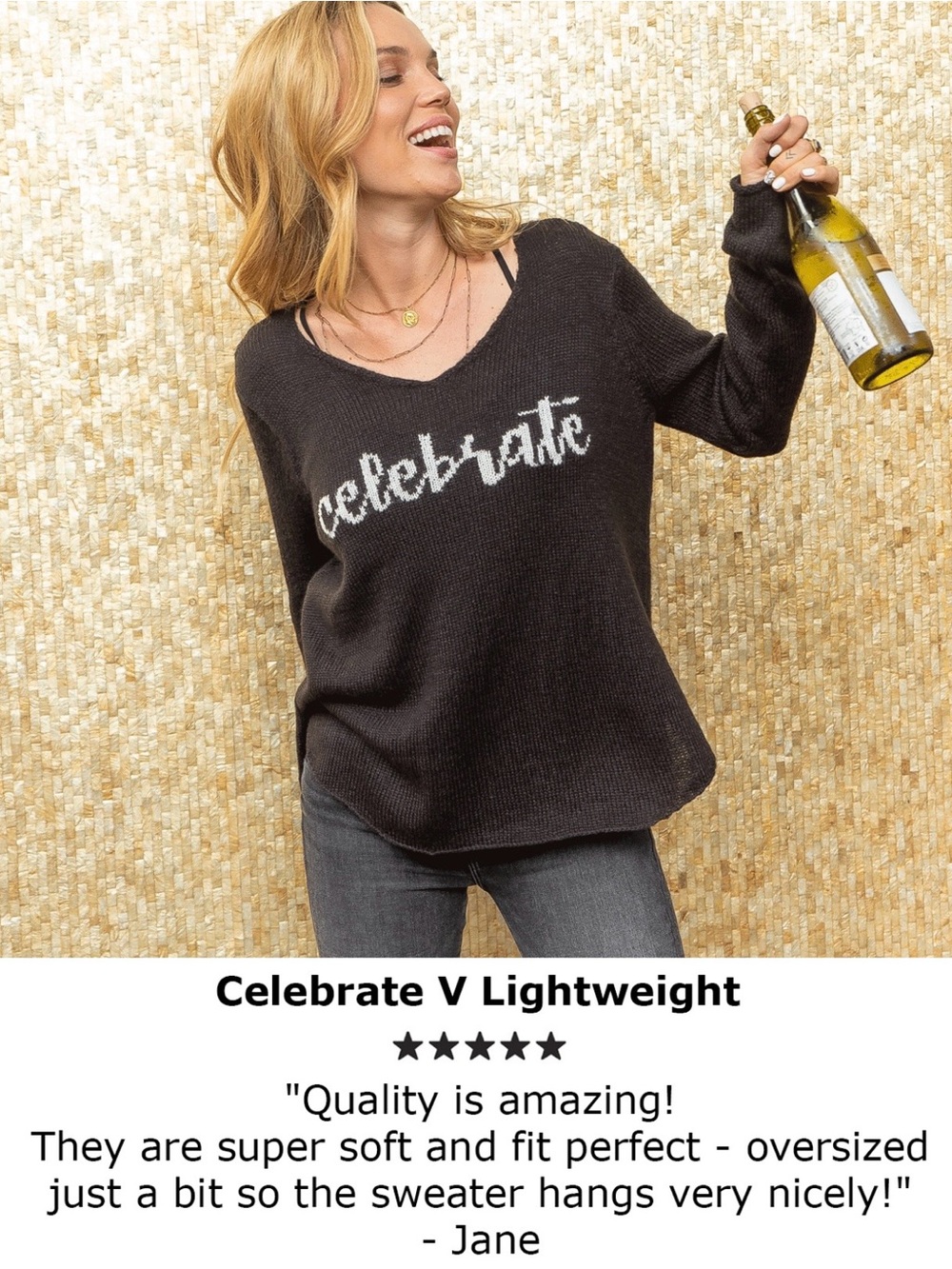 Wooden Ships/Light Weight Black V-Neck Sweater/White Script, “Celebrate.”NWT!